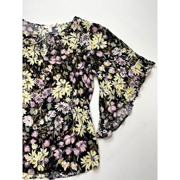LC Lauren Conrad Black Yellow Pink Floral Flutter Sleeve Pintuck Pleat Top S - Picture 5 of 8